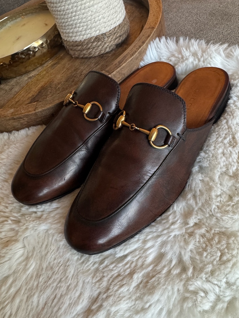 Gucci Brown Leather Horsebit Backless Loafers